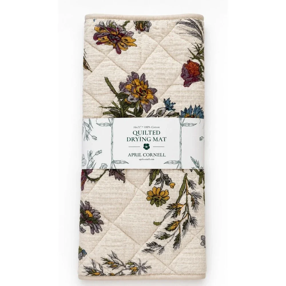 April Cornell Beige WILDFLOWERS Drying Mat Gauze Waffle Weave Top Quilted Back